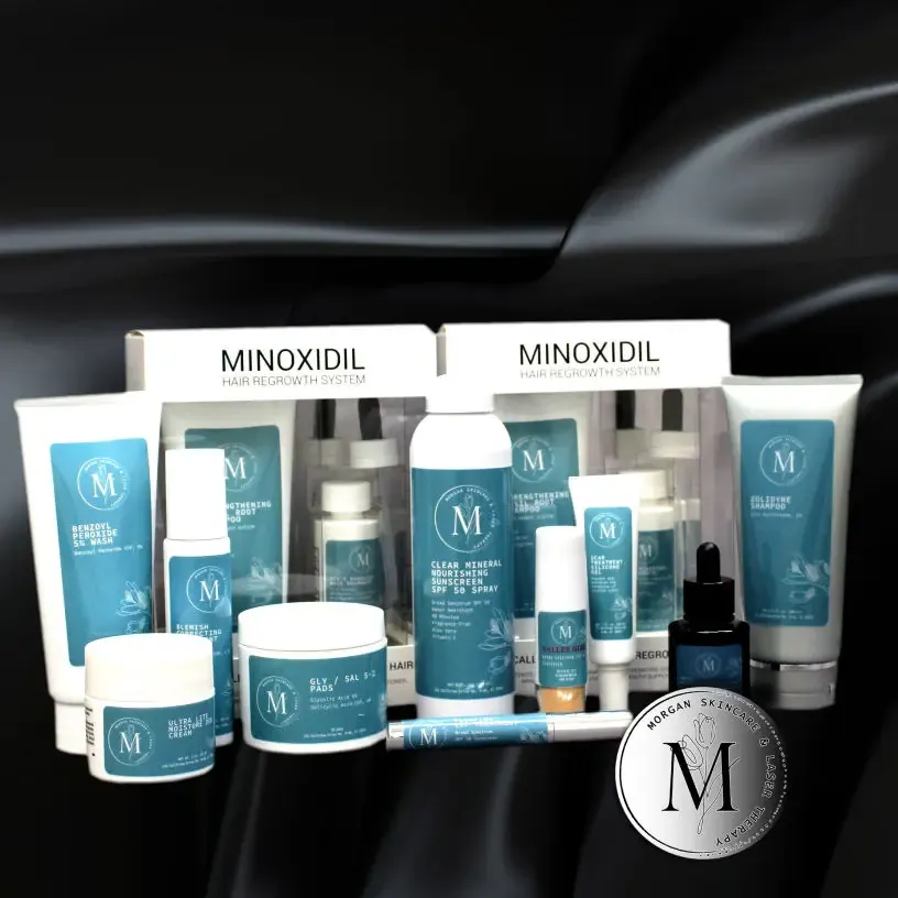 Morgan Skincare product line with minoxidil hair regrowth system